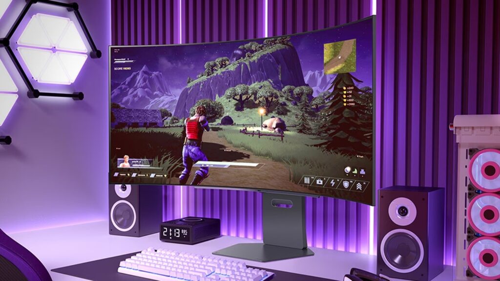 Monitor gamer LG UltraGear em destaque na mesa com iluminação de estúdio