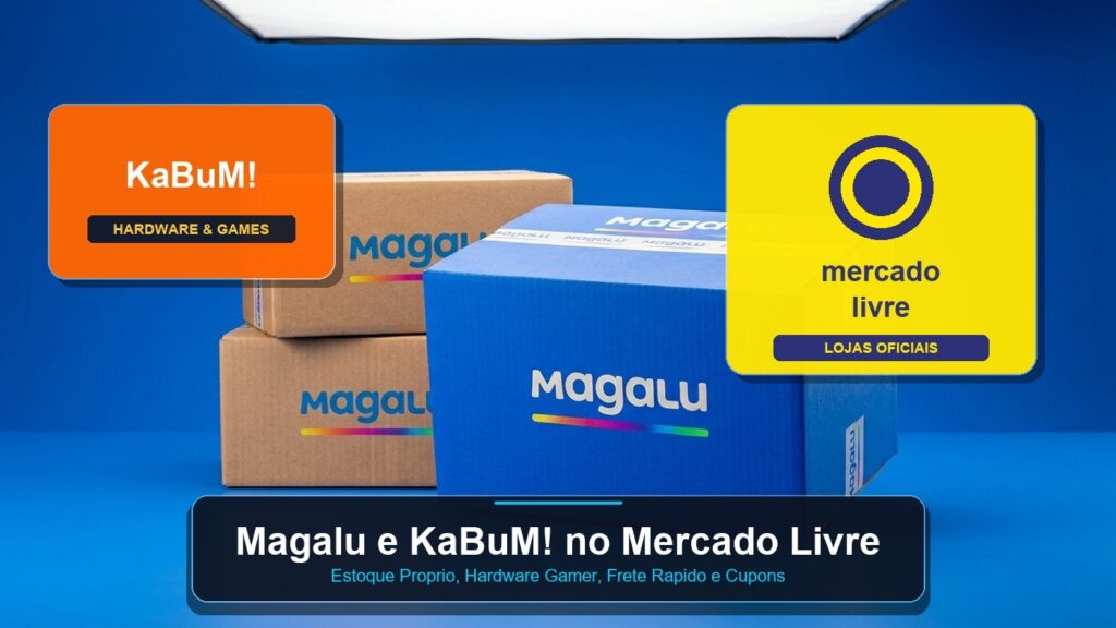 Caixas de entrega do Magazine Luiza, emblema do KaBuM e loja oficial do Mercado Livre destacando a parceria histórica do e-commerce