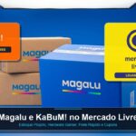 Caixas de entrega do Magazine Luiza, emblema do KaBuM e loja oficial do Mercado Livre destacando a parceria histórica do e-commerce