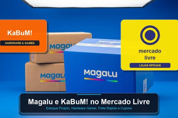 Caixas de entrega do Magazine Luiza, emblema do KaBuM e loja oficial do Mercado Livre destacando a parceria histórica do e-commerce