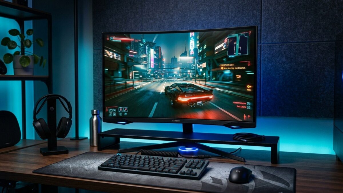 Monitor Gamer Samsung Odyssey de 27 polegadas com taxa de 240 Hz exibindo jogo em setup de estúdio clean