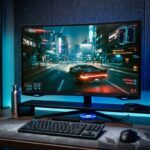 Monitor Gamer Samsung Odyssey de 27 polegadas com taxa de 240 Hz exibindo jogo em setup de estúdio clean