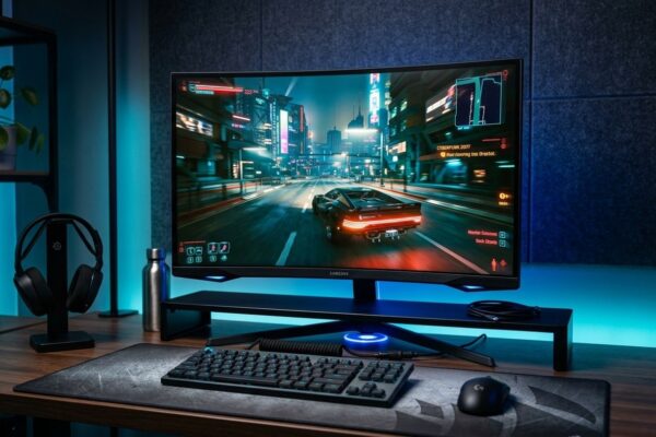 Monitor Gamer Samsung Odyssey de 27 polegadas com taxa de 240 Hz exibindo jogo em setup de estúdio clean