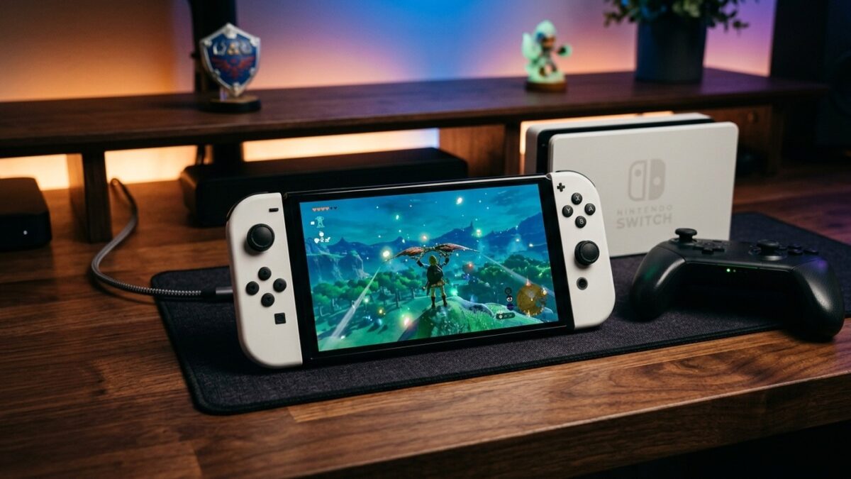 Fotografia realista de console Nintendo Switch OLED branco em mesa de jogos ao lado da dock e controle
