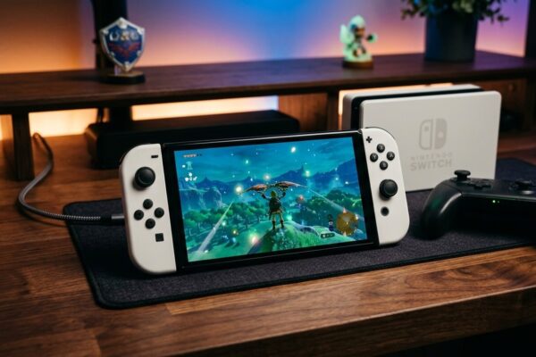 Fotografia realista de console Nintendo Switch OLED branco em mesa de jogos ao lado da dock e controle