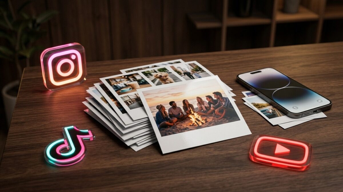 Composição artística e conceitual com fotos estilo polaroid e smartphone exibindo momentos do cotidiano em fundo iluminado