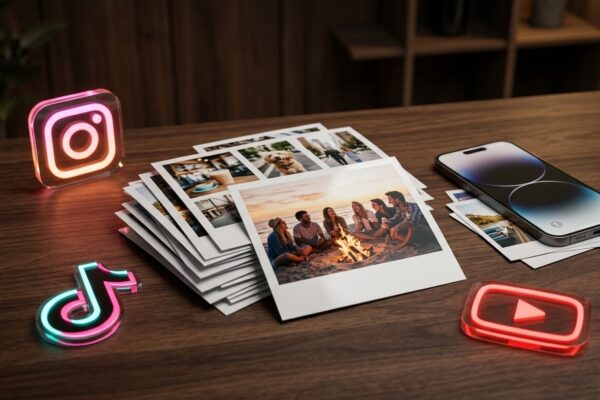 Composição artística e conceitual com fotos estilo polaroid e smartphone exibindo momentos do cotidiano em fundo iluminado