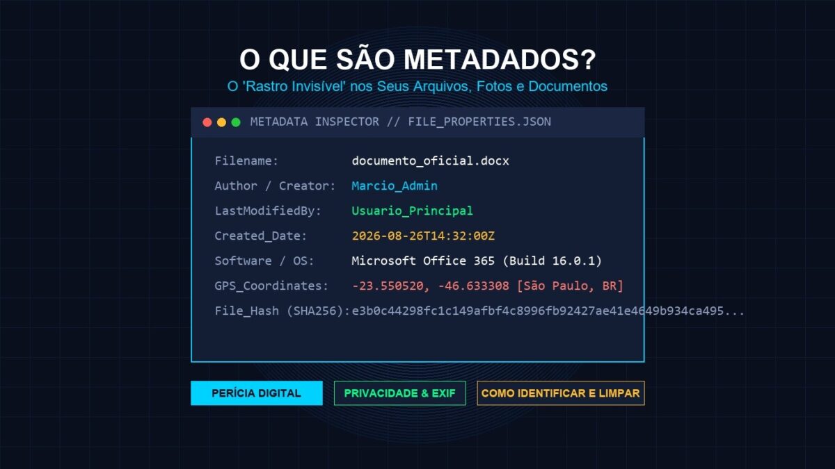 Infográfico técnico sobre metadados em arquivos digitais com dados de autor, data de modificação e GPS em tela escura de perícia