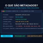Infográfico técnico sobre metadados em arquivos digitais com dados de autor, data de modificação e GPS em tela escura de perícia