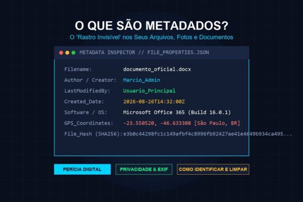 Infográfico técnico sobre metadados em arquivos digitais com dados de autor, data de modificação e GPS em tela escura de perícia