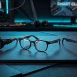 Três modelos diferentes de óculos com câmera inteligente e esportiva sobre bancada tecnológica com iluminação de estúdio