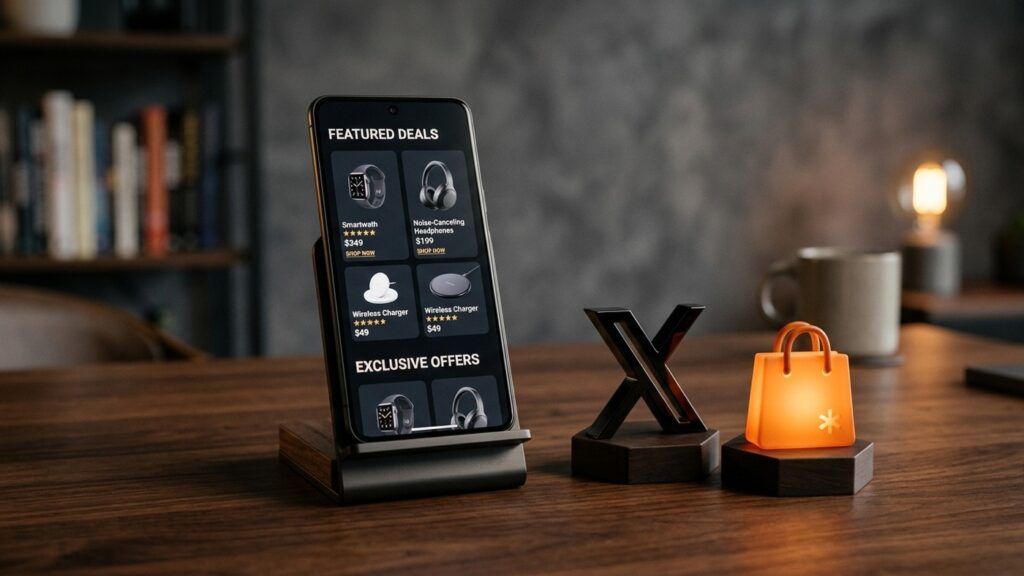 Smartphone exibindo feed de ofertas em modo escuro ao lado do logo do X e sacola luminosa de compras em mesa de madeira