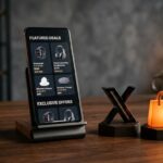 Smartphone exibindo feed de ofertas em modo escuro ao lado do logo do X e sacola luminosa de compras em mesa de madeira