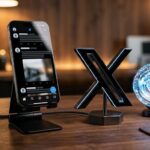 Smartphone exibindo linha do tempo do X em modo escuro ao lado de logo metálico 3D do X e esfera luminosa de inteligência artificial Grok