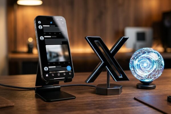 Smartphone exibindo linha do tempo do X em modo escuro ao lado de logo metálico 3D do X e esfera luminosa de inteligência artificial Grok