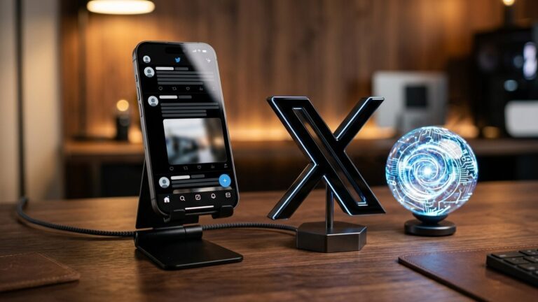 Smartphone exibindo linha do tempo do X em modo escuro ao lado de logo metálico 3D do X e esfera luminosa de inteligência artificial Grok