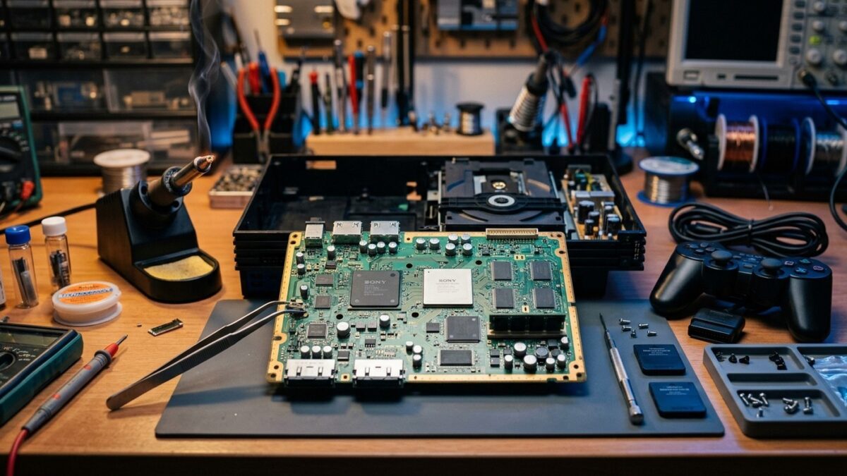 Placa-mãe do PlayStation 2 desmontada com chip de segurança MechaCon e componentes eletrônicos em bancada de modder