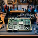 Placa-mãe do PlayStation 2 desmontada com chip de segurança MechaCon e componentes eletrônicos em bancada de modder