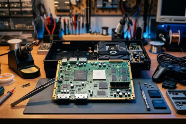 Placa-mãe do PlayStation 2 desmontada com chip de segurança MechaCon e componentes eletrônicos em bancada de modder