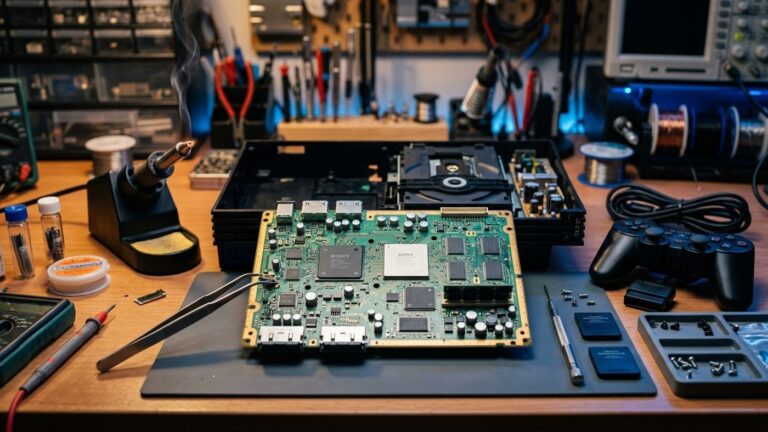 Placa-mãe do PlayStation 2 desmontada com chip de segurança MechaCon e componentes eletrônicos em bancada de modder