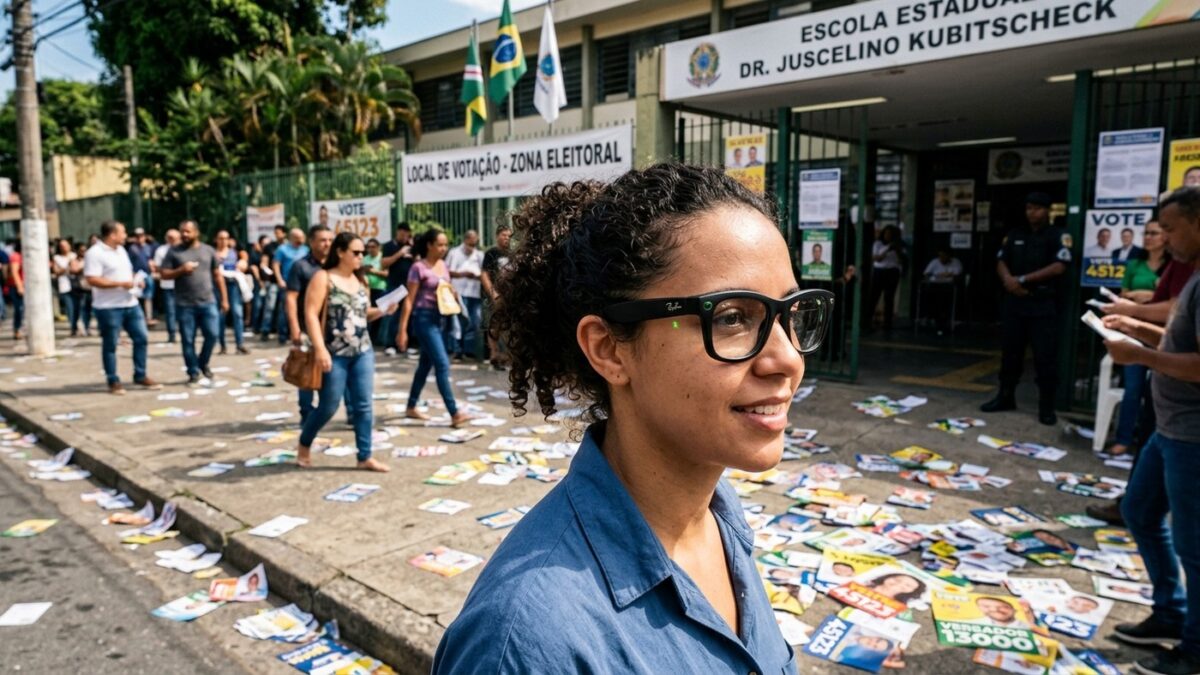 Pessoa usando óculos inteligente Ray-Ban Meta em frente a colégio eleitoral com santinhos espalhados na calçada no dia das eleições