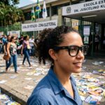 Pessoa usando óculos inteligente Ray-Ban Meta em frente a colégio eleitoral com santinhos espalhados na calçada no dia das eleições