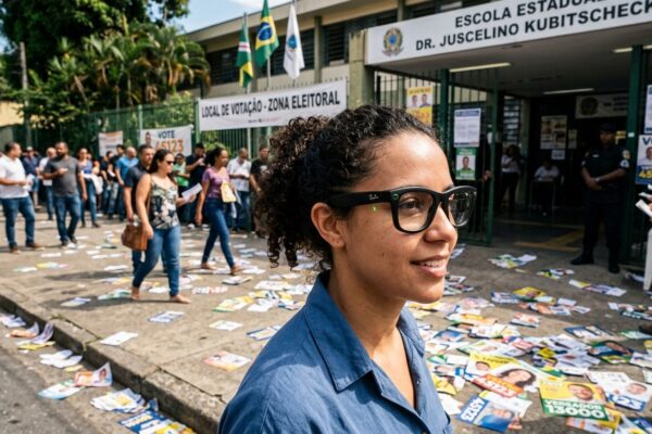 Pessoa usando óculos inteligente Ray-Ban Meta em frente a colégio eleitoral com santinhos espalhados na calçada no dia das eleições