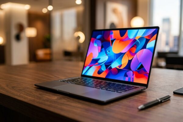 Fotografia realista de notebook ultrafino aberto em mesa de madeira exibindo tela AMOLED colorida de alta resolução em ambiente corporativo