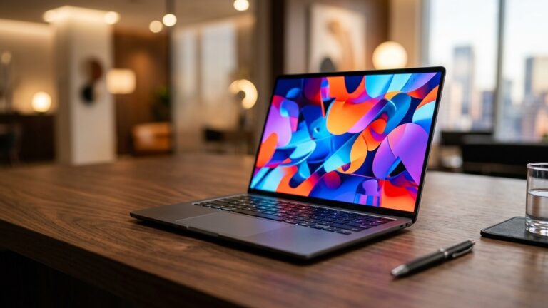 Fotografia realista de notebook ultrafino aberto em mesa de madeira exibindo tela AMOLED colorida de alta resolução em ambiente corporativo