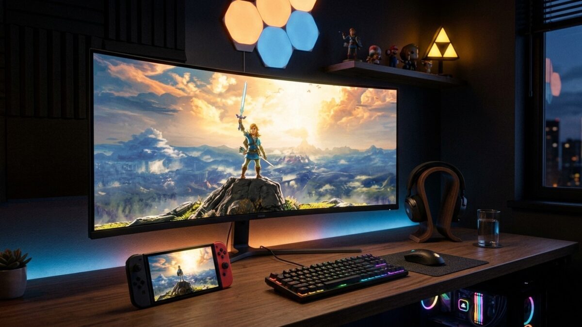 Setup gamer com monitor ultra-wide exibindo o trailer de The Legend of Zelda ao lado de console portátil e luminária da Triforce