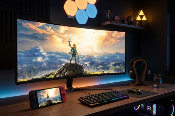 Setup gamer com monitor ultra-wide exibindo o trailer de The Legend of Zelda ao lado de console portátil e luminária da Triforce