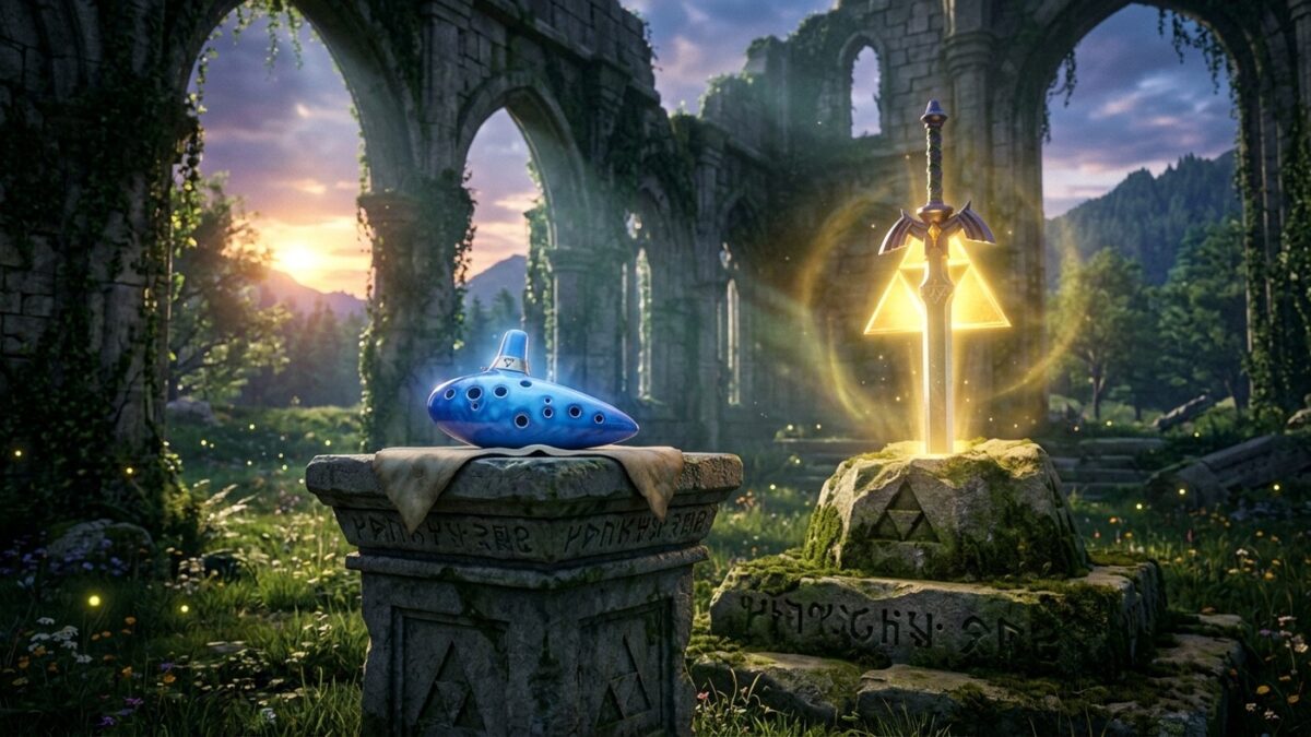 Arte cinematográfica em 3D da Ocarina of Time azul iluminada e a Master Sword cravada no pedestal em ruínas do Temple of Time com a Triforce brilhando