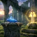 Arte cinematográfica em 3D da Ocarina of Time azul iluminada e a Master Sword cravada no pedestal em ruínas do Temple of Time com a Triforce brilhando