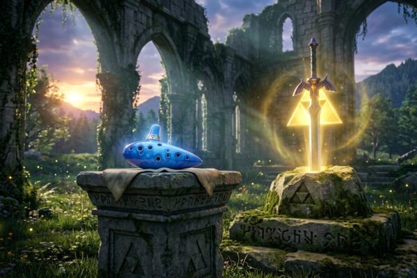Arte cinematográfica em 3D da Ocarina of Time azul iluminada e a Master Sword cravada no pedestal em ruínas do Temple of Time com a Triforce brilhando