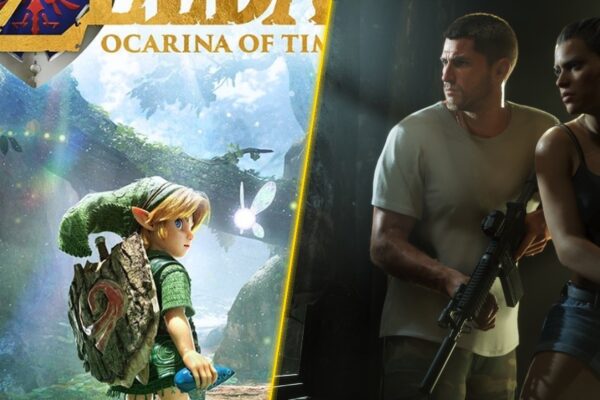 Capa comparativa em formato de versus com corte diagonal luminoso: à esquerda Link de The Legend of Zelda Ocarina of Time na floresta com Navi, e à direita os protagonistas armados de GTA 6 em Vice City