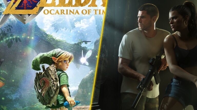 Capa comparativa em formato de versus com corte diagonal luminoso: à esquerda Link de The Legend of Zelda Ocarina of Time na floresta com Navi, e à direita os protagonistas armados de GTA 6 em Vice City