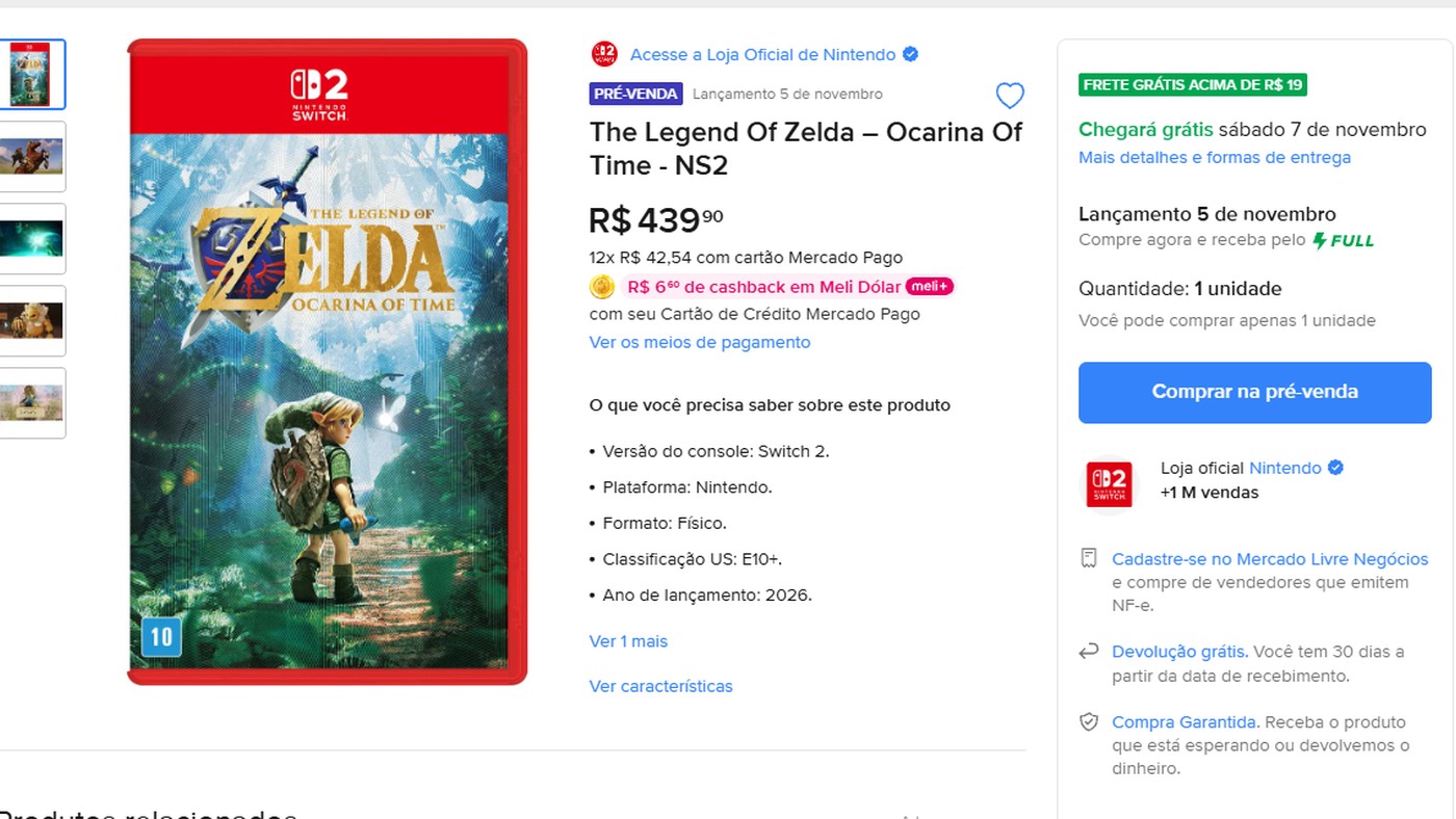 The Legend of Zelda Ocarina of Time NS2 voltou ao estoque na Loja Oficial da Nintendo no Mercado Livre