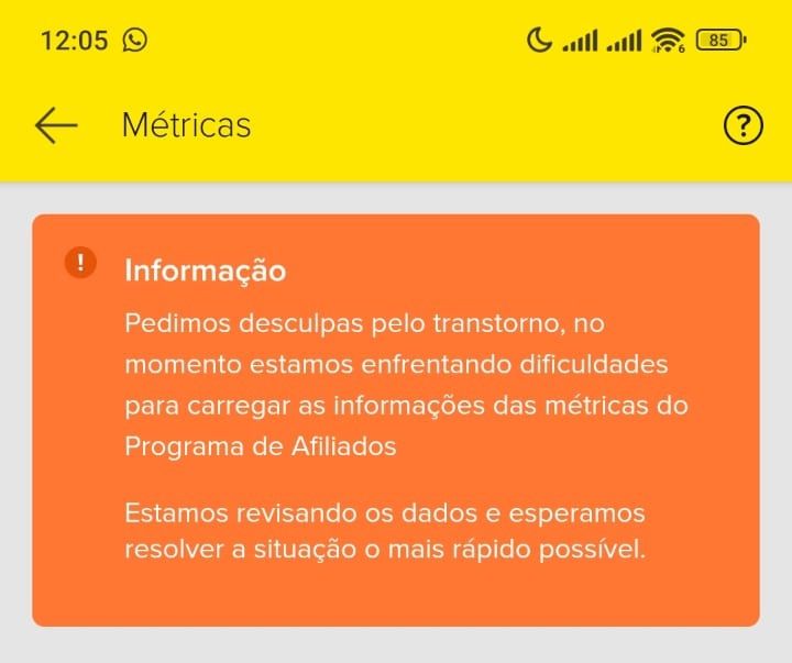 Aviso de instabilidade no painel do Mercado Livre Afiliados