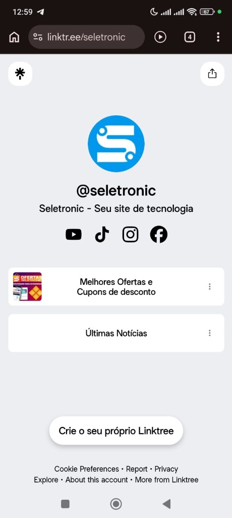 Página oficial do Seletronic no Linktree acessada no smartphone