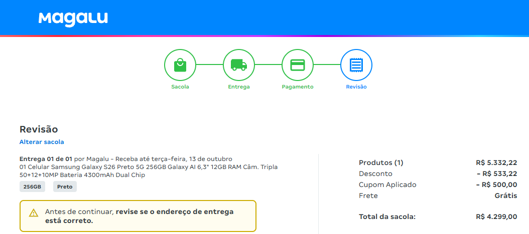 Comprovante de preço do Galaxy S26 a R$ 4.299 no Magazine Luiza com cupom