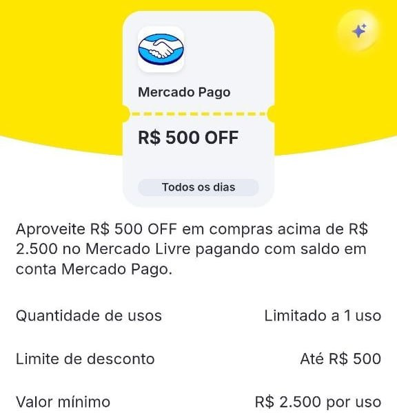 Print oficial do cupom de R$ 500 OFF no Mercado Livre com saldo Mercado Pago
