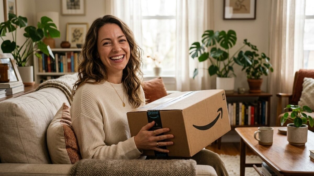Mulher segurando caixa de entrega da Amazon Prime em sala de estar aconchegante