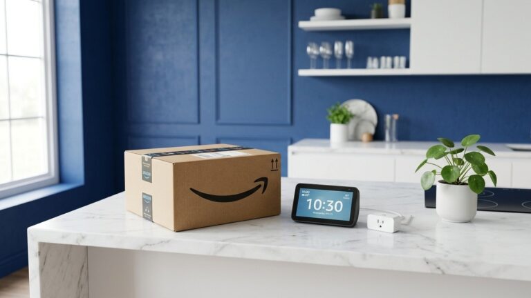 Caixa de entrega da Amazon ao lado de dispositivo inteligente Echo em balcão moderno