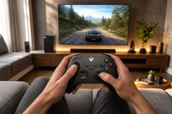Jogador segurando controle oficial do Xbox em jogo de corrida na televisão da sala