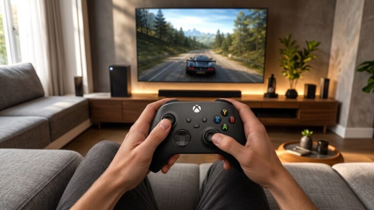 Jogador segurando controle oficial do Xbox em jogo de corrida na televisão da sala
