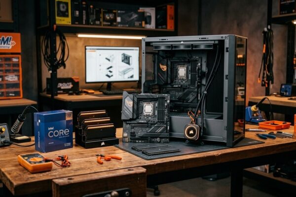 Setup gamer com iluminação RGB e hardware de alto desempenho ilustrando cupons de até 10% OFF no KaBuM!