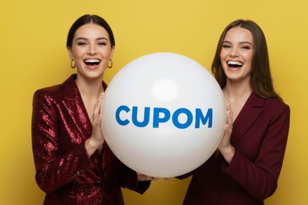 Compradora com sacola e embalagem de entrega do Mercado Livre ilustrando cupom de 10% OFF em perfumes e cosméticos
