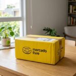 Caixa amarela oficial do Mercado Livre sobre mesa de madeira em sala de estar moderna