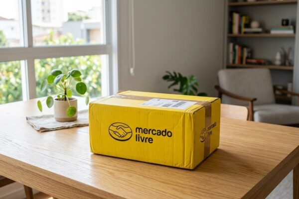 Caixa amarela oficial do Mercado Livre sobre mesa de madeira em sala de estar moderna