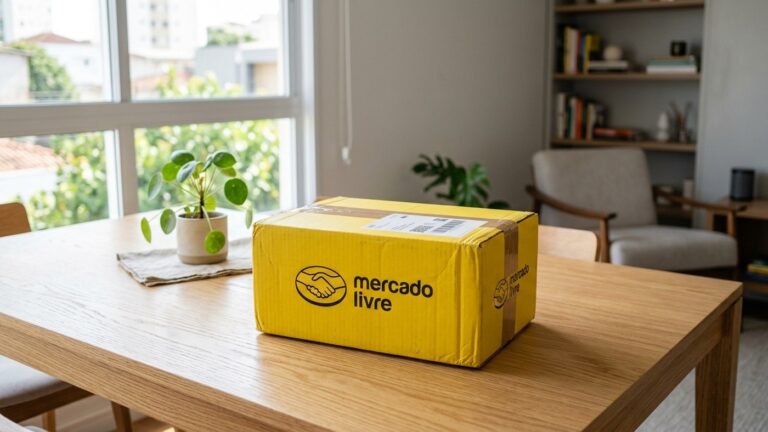 Caixa amarela oficial do Mercado Livre sobre mesa de madeira em sala de estar moderna